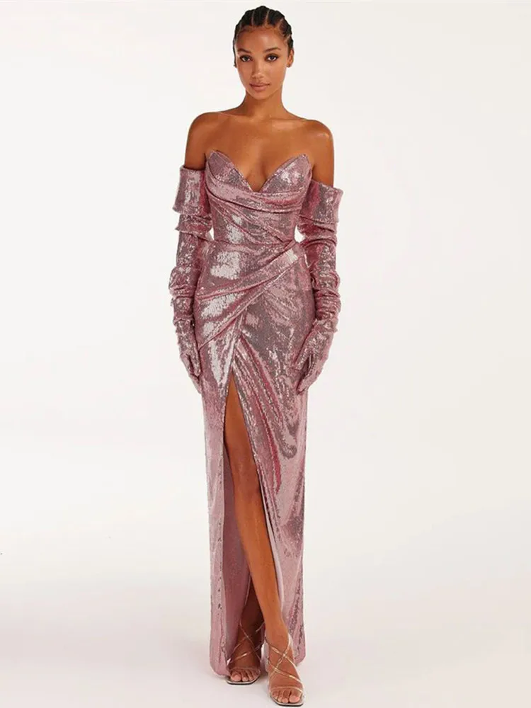 

Женское роскошное сексуальное платье без бретелек с открытой спиной и блестками, сверкающее длинное платье-макси из искусственной кожи, элегантное вечернее Клубное платье для вечеринки