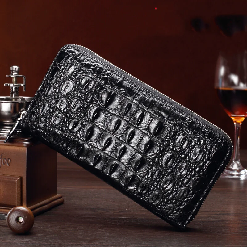 100% Crocodile Leather Handbag Men's Long Leather Wallet Business Zipper Handbag Crocodile Back Bone Clip Bag Handbag Men