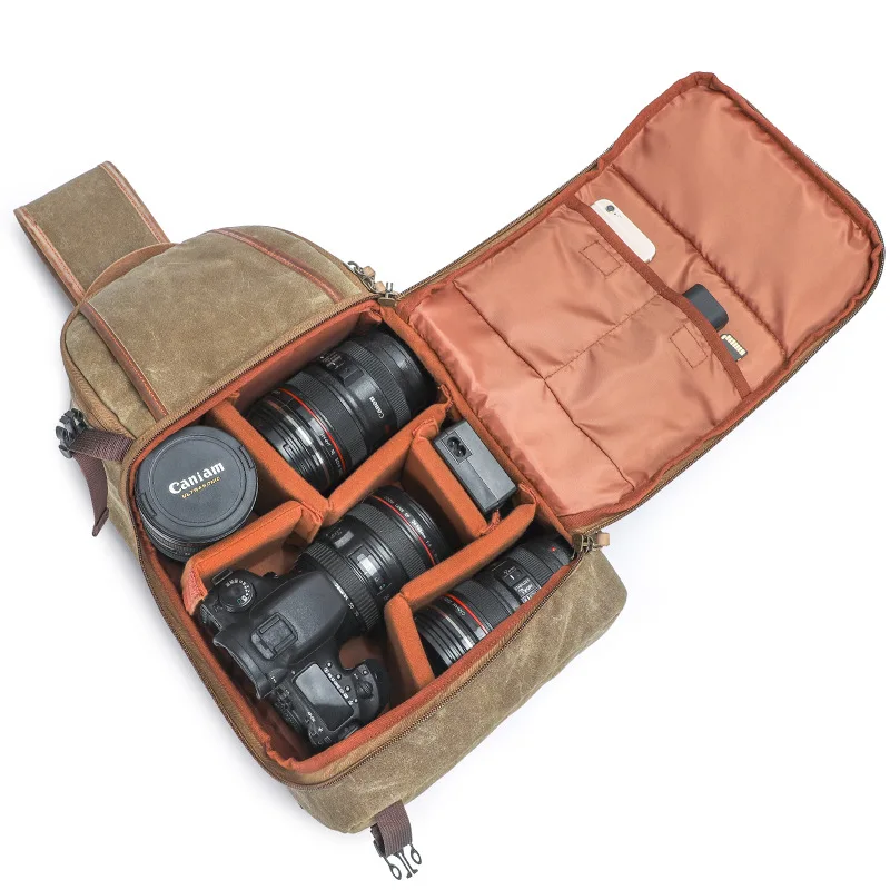 Men's Outdoor Casual Leather Camera Bag One Shoulder Canon Triangle SLR Camera Bag Diagonal Cross Bag Chest Bag Inner Camera Bag