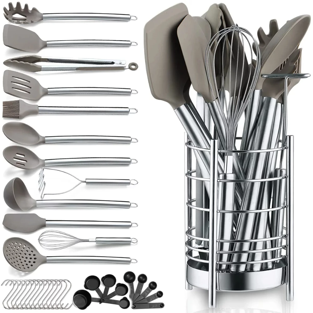 

Silver 38 Pieces Silicone Kitchen Utensils Set With Sturdy Stainless Steel Utensil Holder