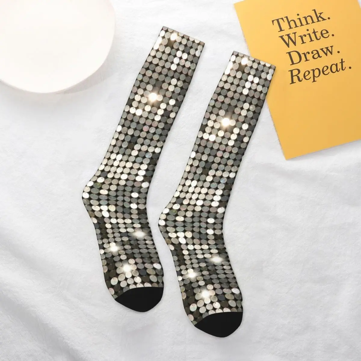 

Silver Metallic Print Socks Glitter Sparkles Indoor Creative Mid Stockings Large Chemical Fiber Fancy Youth Socks