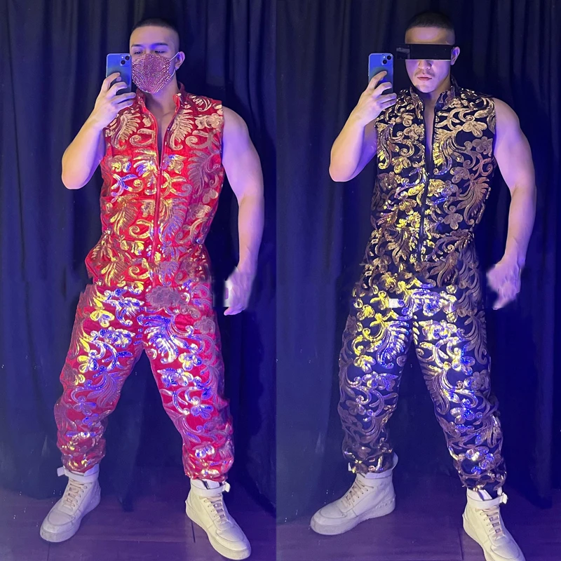 Новинка мужской комбинезон без рукавов с золотой вышивкой и блестками Женская