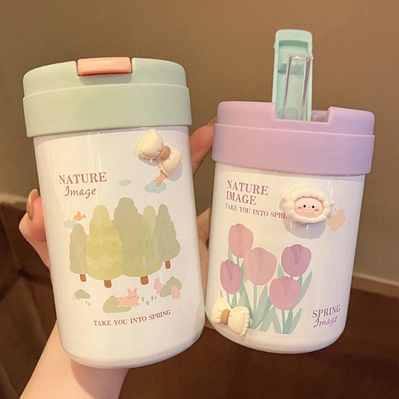 

340/420ml Kawaii Flower Thermal Water Bottle Cute Insulated Stainless Steel Thermos Coffee Travel Mug Drinking Bottles For Girls