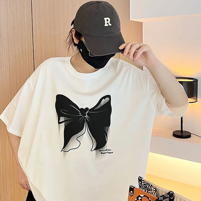 Summer Clothes for Women Plus Size Korean Butterfly Print Design Short Sleeve T-Shirt Black White Loose Round Neck Pullover Tops