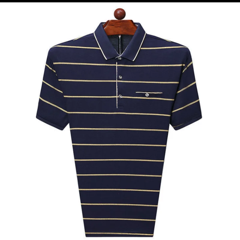 

2023 Summer New Fashion Casual Oversized Comfortable Middle Aged Men's Clothing Lapel Stripe Printed Short Sleeve POLO Shirt