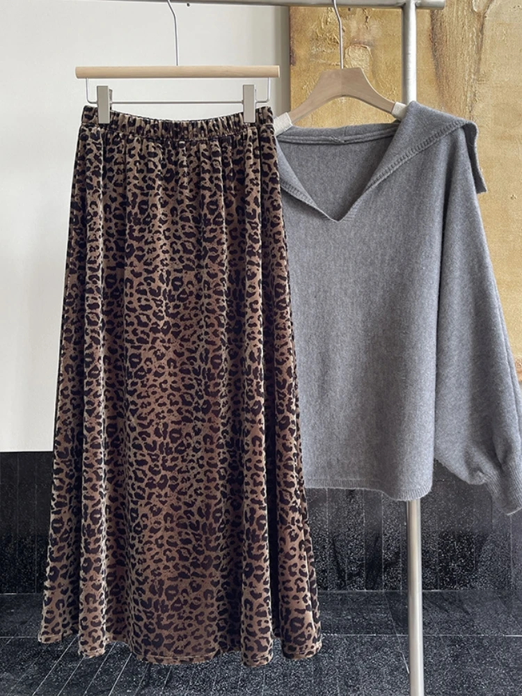 Леопардовая юбка женская осенне-зимняя бархатная в корейском стиле винтажная
