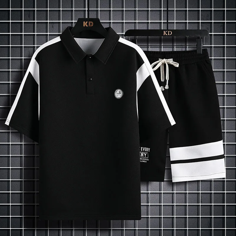 Japanese Style Waffle Casual Sports Suit Men's Summer Trendy Polo Shirt Short-Sleeved T-shirt Loose Shorts Two-Piece Suit