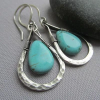 vintage water drop blue green stone earrings fashion silver color metal embossing personality dangle earrings for women jewelry