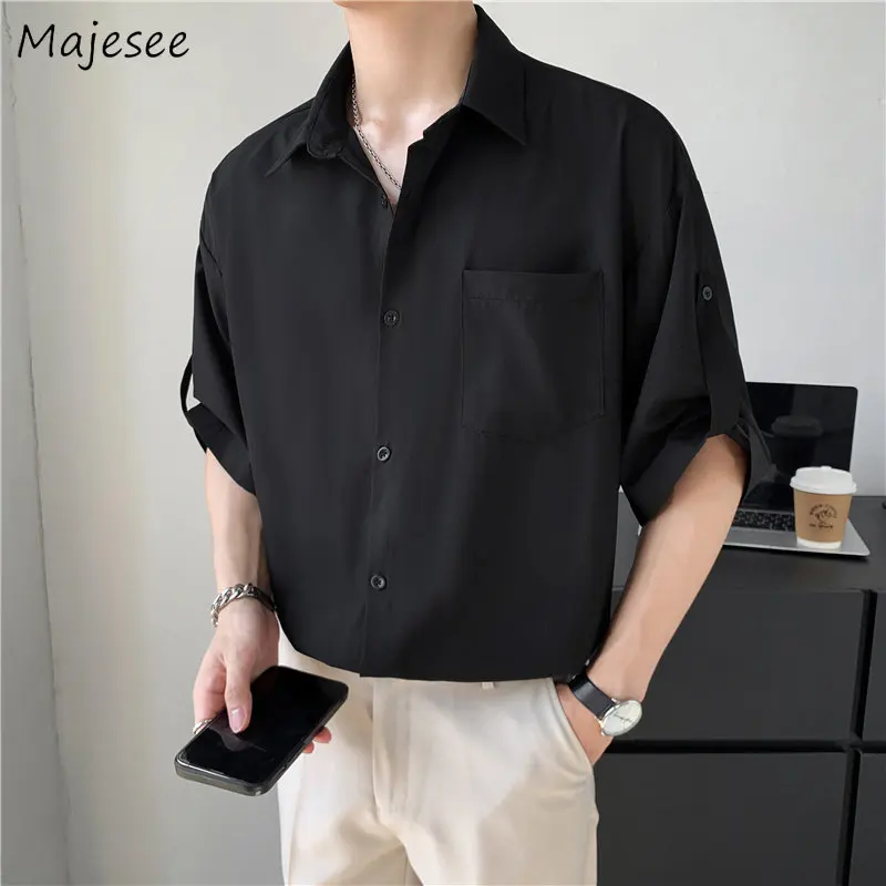 

Pure Shirts Men Baggy There Quarter Sleeve Clothing Minimalist Gentle Harajuku Camisas Summer Preppy Korean Fashion Soft Temper