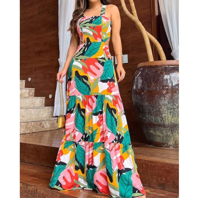 

Богемные женские сексуальные платья с открытой спиной, на шнуровке, без рукавов, с завышенной талией, трапециевидного силуэта, с принтом, дл...