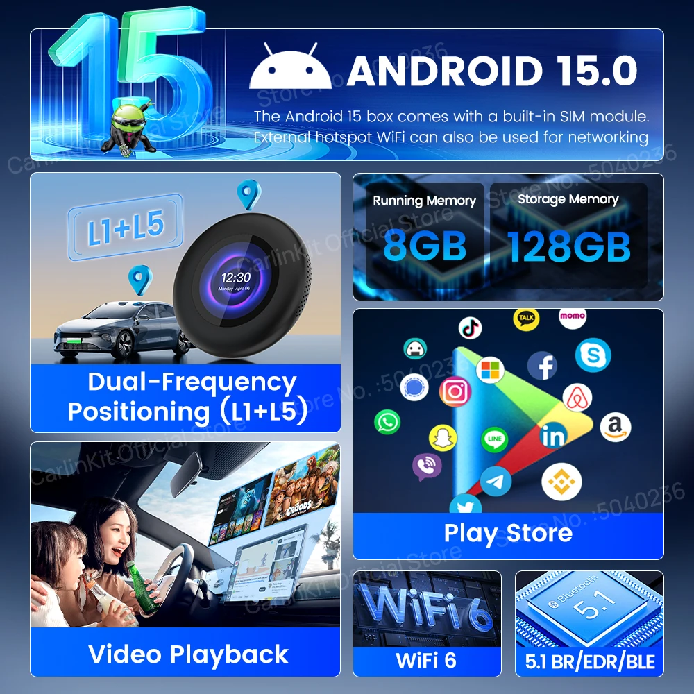 Фото Tbox-Ultra 3 CarlinKit Android 15 TV Box SM6350 5G/4G LTE Беспроводной Android Auto & CarPlay Ai Box для Netflix IPTV GPS с ЖК-экраном №3