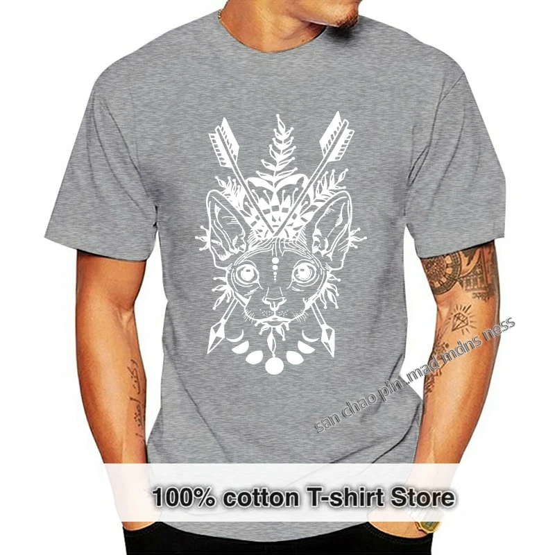 

Потрясающая футболка, племенной сфинкс, канадский принт кота без волос, Мужская черная футболка, белая мультяшная печать, цифровая печать, н...