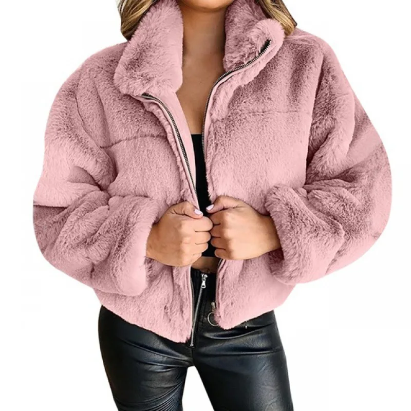 2022 New Autumn Winter Short Faux Rabbit Fur Coat Women Solid Thick Warm Pockets Zippers Loose Jackets Famale Clothing Tops