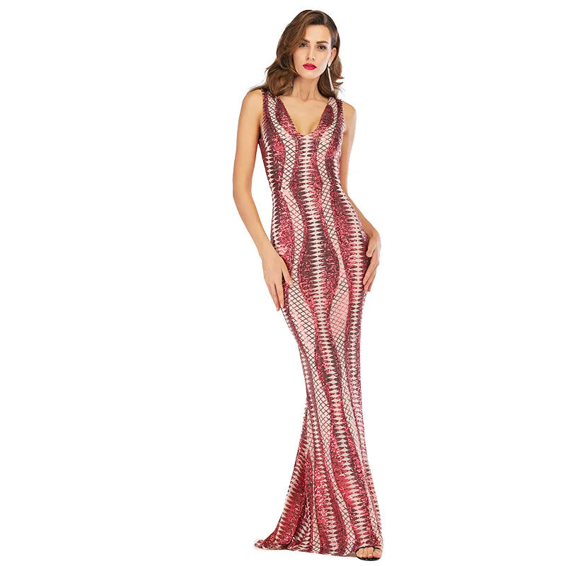 

Sequined Womanparty Dress Summer V-neck Sleeveless Bling Vestido Elegant Banquet Woman Dress
