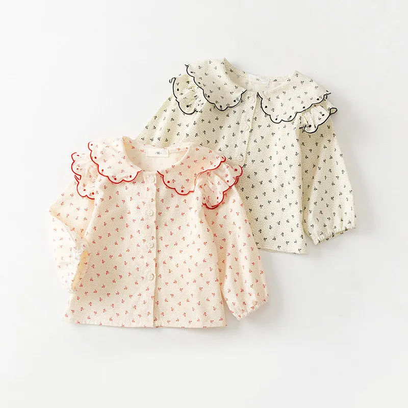 

2022 Spring Summer New Cute Baby Girl Long-Sleeved Shirt Fashion Lapel Floral Cardigan Blouse 1-6 Years Old Children's Clothing