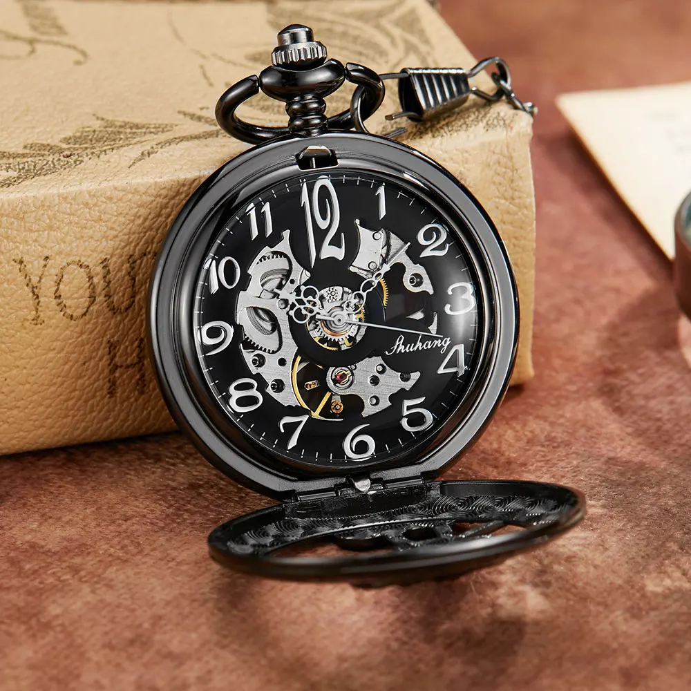Black Steampunk Skeleton Cartoon Cute Mouse Mehanical Pocket Watch FOB Chain Hand Wind Mechanical Mens Womens Watches with Chain