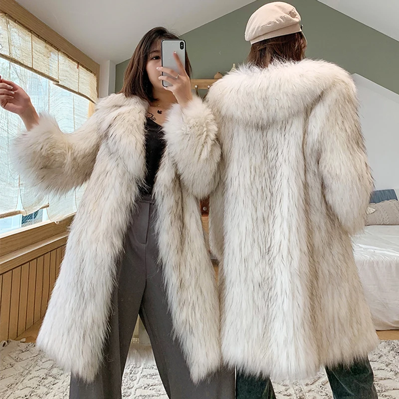 

QNPQYX Winter Fox Fur Imitation Fur Coat Women's Long New Warm Raccoon Fur Coat Large Size Leisure Windbreaker Long Faux Fur