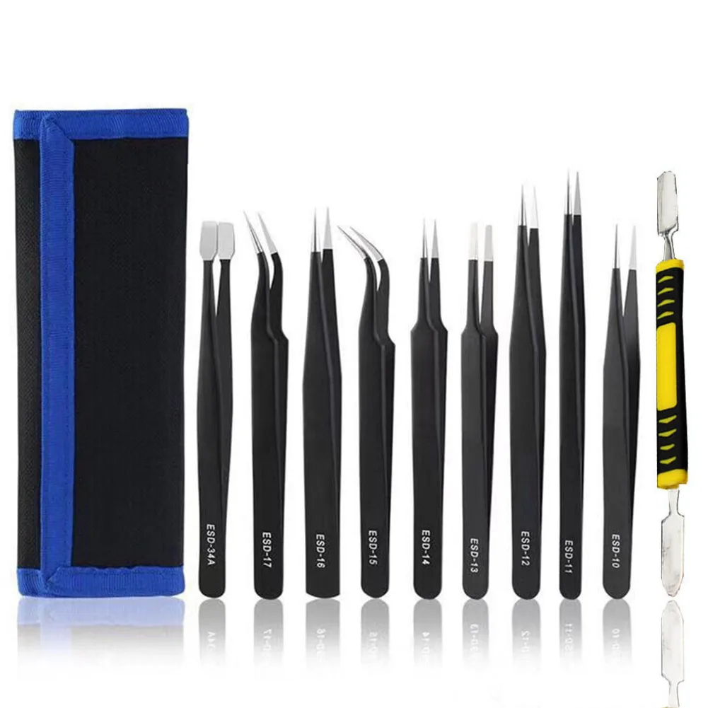

10pcs Reverse Tweezers Anti-Static Resistant Insulated Pointed Tip Pliers Cigarette Wire DIY Tools ESD Tweezers Set Repair Tools