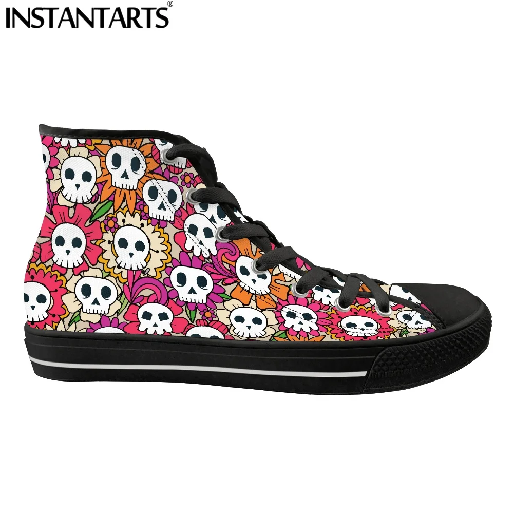 

INSTANTARTS Men Canvas Shoes Breathable Spring High Top Casual Shoes Mens Vulcanized Shoes Halloween Skull Print Flats Sneakers