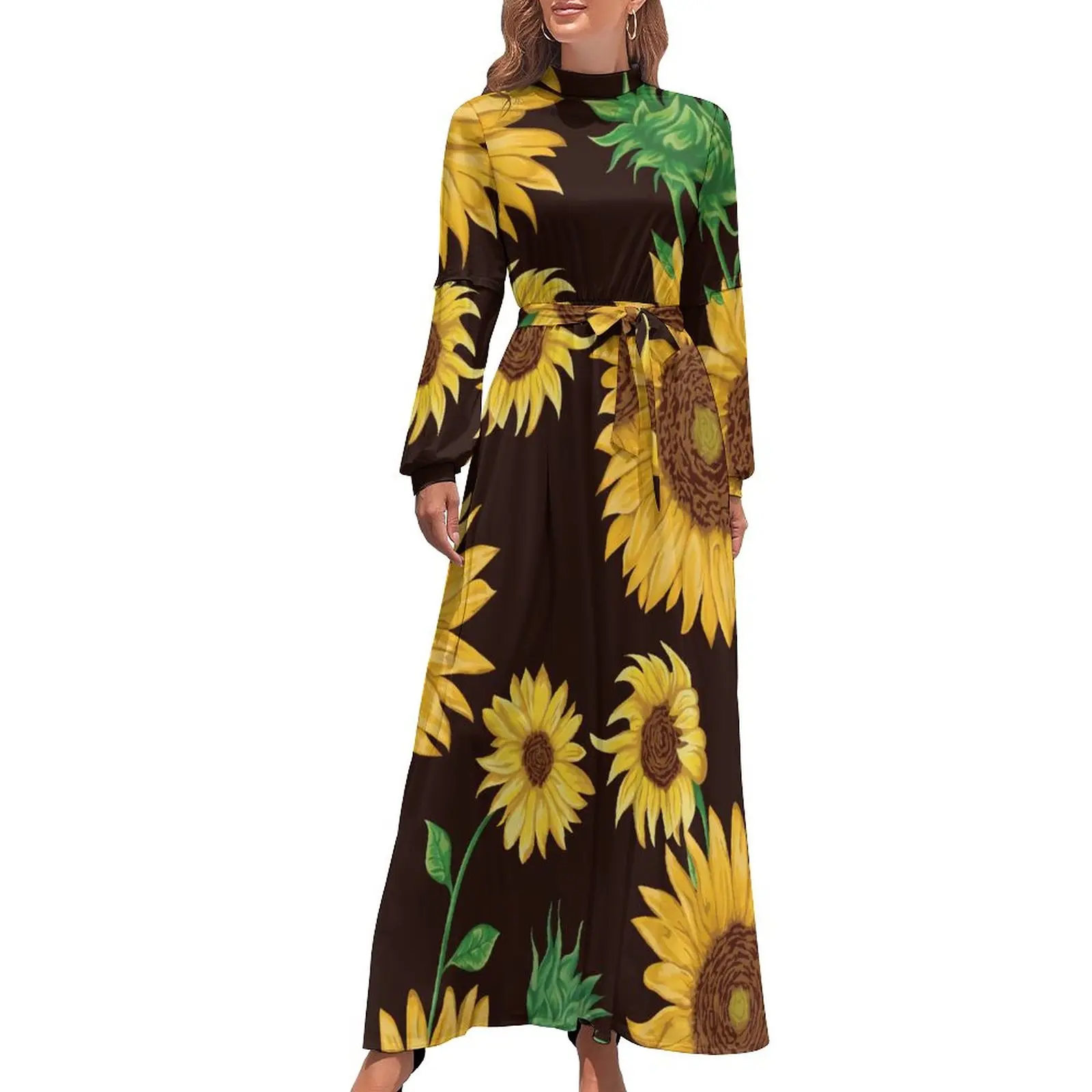 

Abstract Sunflower Dress Sunflowers Pattern Design Street Fashion Bohemia Dresses Long Sleeve High Neck Trendy Long Maxi Dress