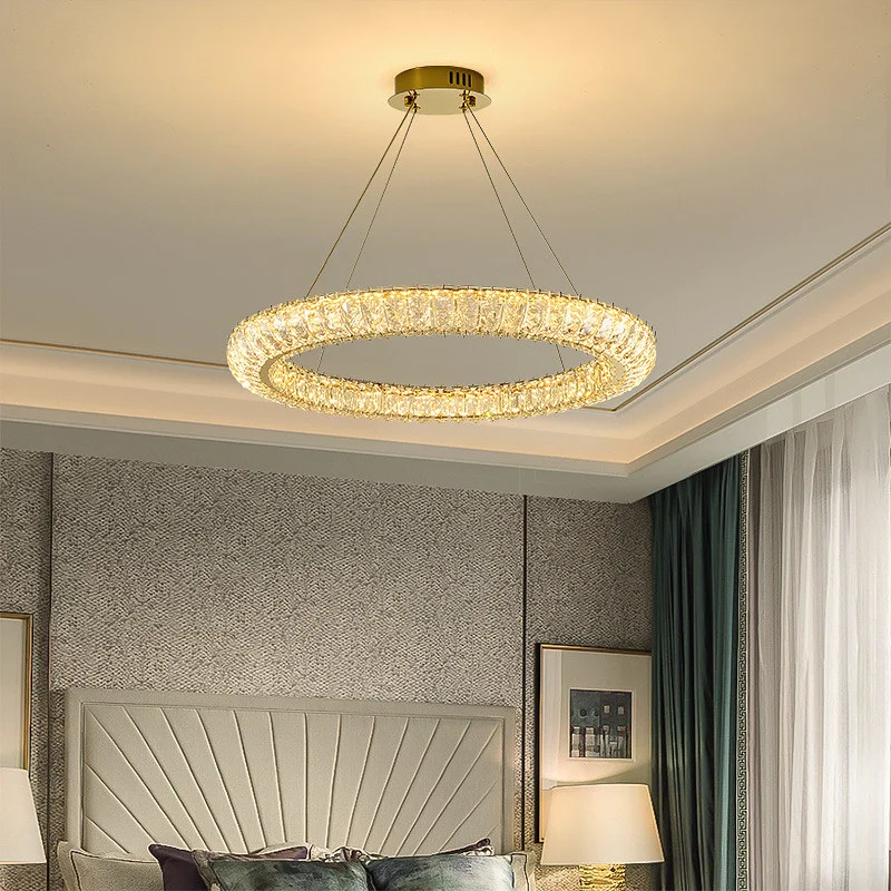 

Современные хрустальные подвесные светильники К9 для гостиной, светодиодные потолочные светильники из Золотой стали, круглые подвесные лампы для фойе