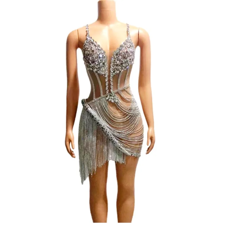 

Prom Party Outfit Costume Women Dancer Show Dress Silver Rhinestone Chains Fringes Sexy Dress Evening Birthday Celebrate