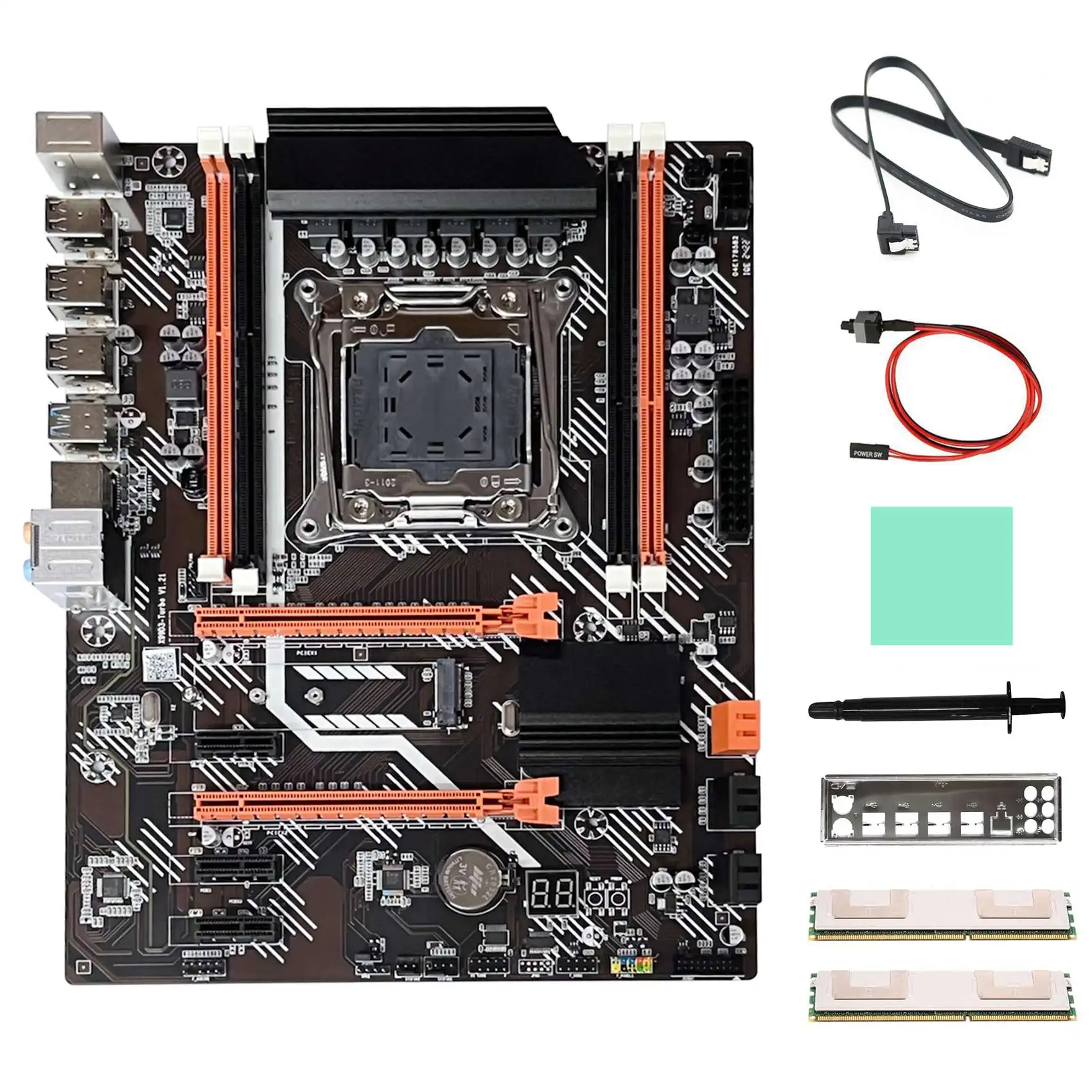 

X99 Motherboard+2XDDR3 4G RECC Ram+SATA Cable+Switch Cable+Baffle+Thermal Grease LGA2011 V3 M.2 NVME NGFF for DDR3 4X16G
