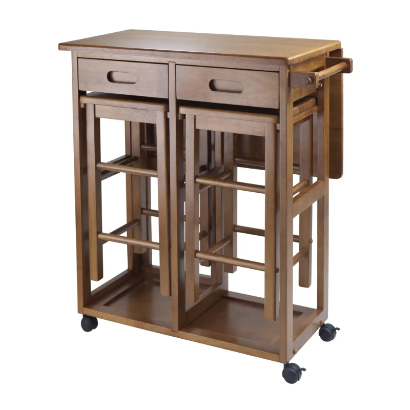 

Wood Suzanne 3-PC Kitchen Island Set, 2 Tuck-away Stools, Teak Finish