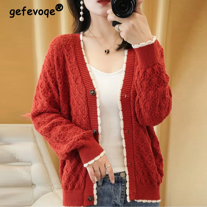 

Autumn Winter New Loose Casual Hollow Out Cardigan Sweater Ladies Trend Fashion All-match Knitting Coat Women Buttons Jacket Top