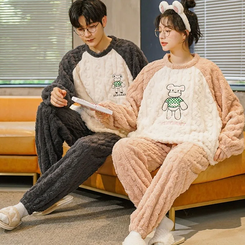QUHENG 2022 Flannel Men Pajamas for Suit Women Autumn Winter Long Sleeved Thick Warm Sleepwear Couple Casual Home  Clothing