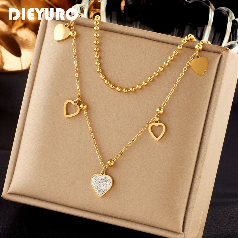 

DIEYURO 316L Stainless Steel Heart Rhinestones Pendant Necklace For Women New Fashion Girls 2in1 Clavicle Chain Jewelry Gifts