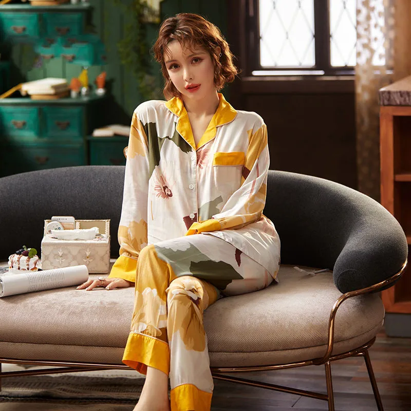 Autumn Pajamas Set Sexy Shirt Sleepwear For Women Flower Long/ Short Sleeve Pyjama Women's Artificial Polyester Comfortable Pjs