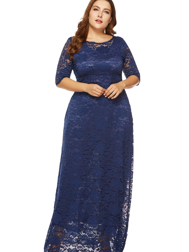 Plus-size women's new openwork lace pocket dress high-quality evening dress long dress party dress