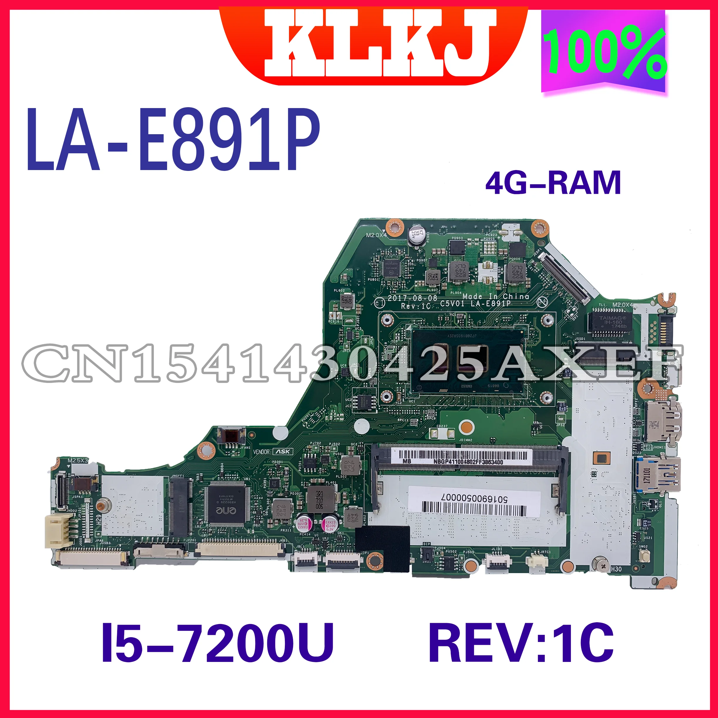 

Dinzi C5V01 LA-E891P for Acer Aspire A315-53 A515-51 A515-51G Laptop Motherboard CPU: I5-7200U 4G/RAM /REV:1C 100% Working well
