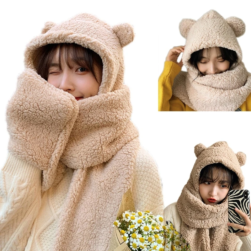 

Winter Female Novelty Warm Plush Hat Outdoor Windproof Thermal Cartoon Bear Ears Earflap Cap Hooded Long Scarf Wrap