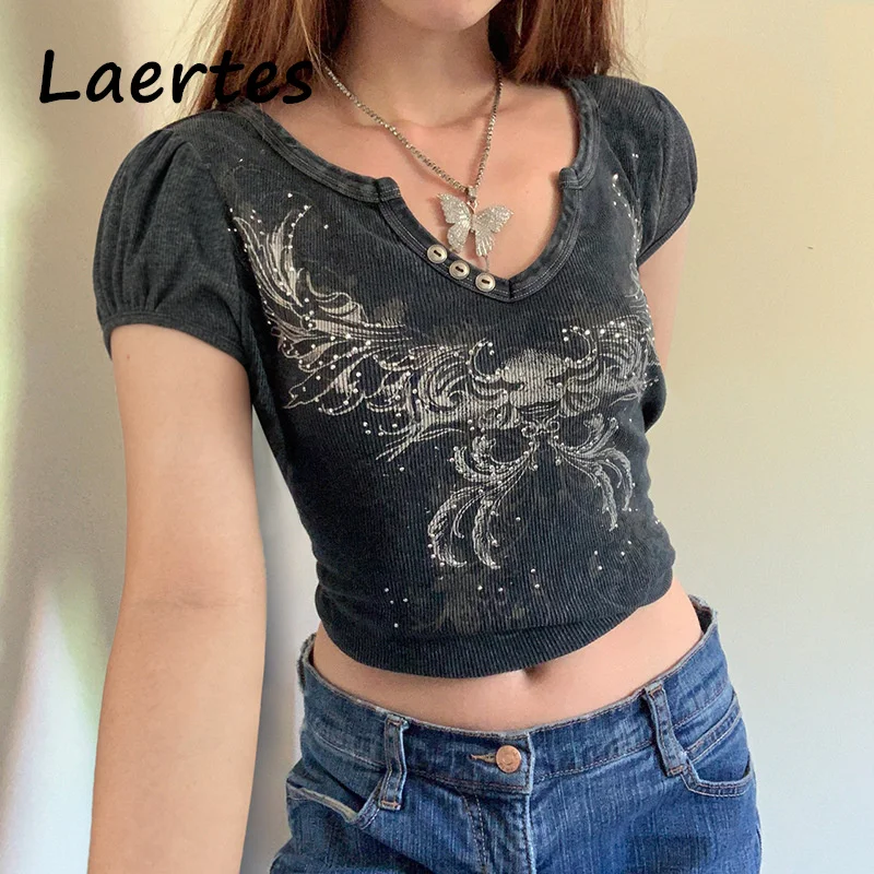 

Laertes 2022 New Retro Style Puff Sleeve Exposed Umbilical Y2K Butterfly Print Top Sexy Casual Short Top Women Streetwear