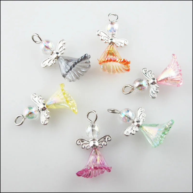 

24 New Dancing Angel Charms Silver Plated Wings Mixed Flower Pendants 14x24mm