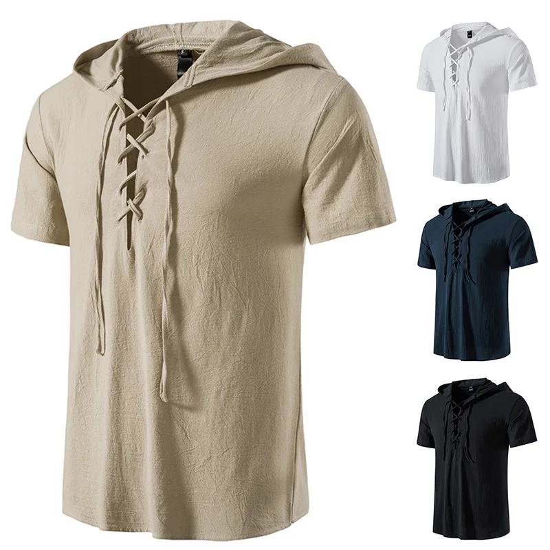 Cotton Hooded Short Sleeve Beach Yoga Men's Short Sleeve Shirt Casual Summer Chest with Hole Short Sleeve 2022 New Shirt Men
