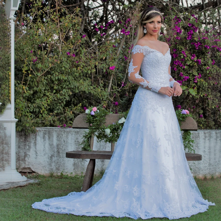 

Sexy Off the Shoulder A-line Long Sleeves Wedding Dress Plus Size Crystals Bridal Dress vestido casamento curto