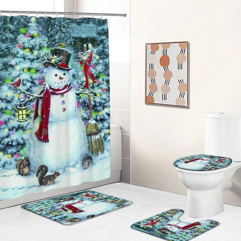 

Snowman Merry Christmas Bathroom Shower Curtain Set Waterproof Bathtub Curtains Non-Slip Bath Mat Toilet Lid Cover Cover Rug