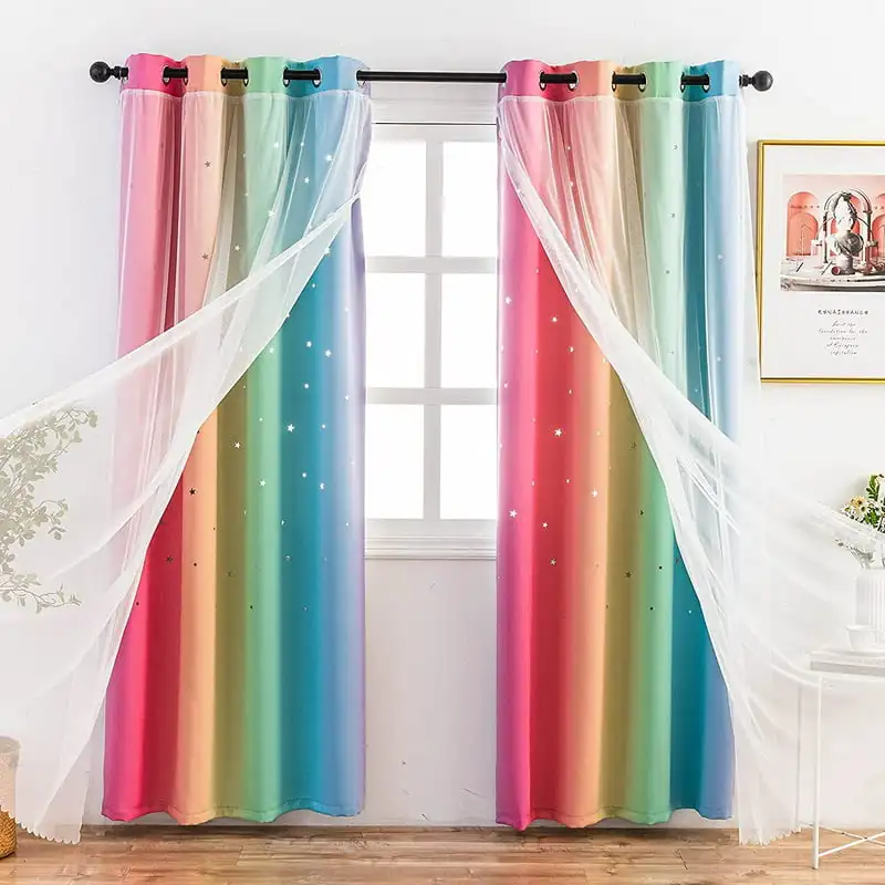 

Curtains Set of 2 for Bedroom 84 Inches Long, Star Cutout Ombre Stripe Rainbow Curtains Light Blocking Window Treatment for Boys