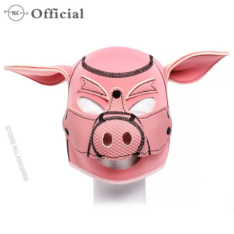 

Pink Pig Mask Sexy Cosplay Costume Role Play Pig Full Head Mask Soft PU Leather Puppy Hood Stage Party Performance Props