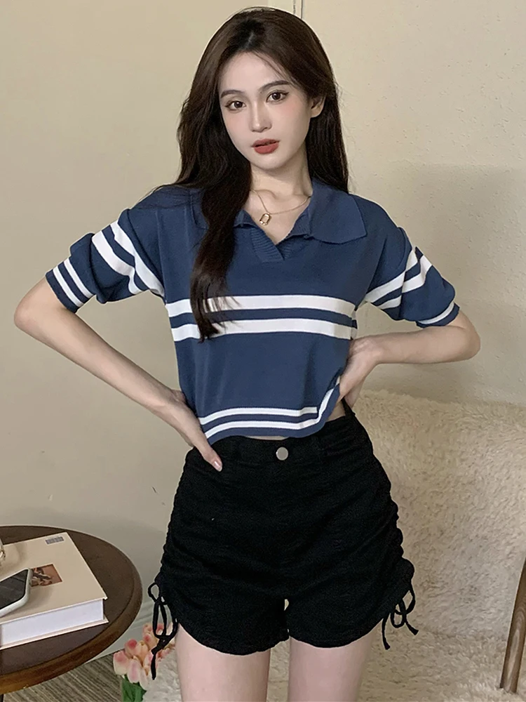 

Crop Top Women 2022 Summer Clothes Camisetas De Mujer Fitted Contrast Striped T-Shirt Casual Knitted Tee Shirt Femme