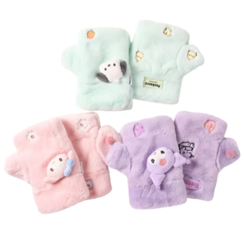 

MINISO Sanrios Plush Gloves Cartoon My Melody Kuromi Pachacco Winter Warm and Coldproof Half Finger Gloves Soft Girly Girl Gift