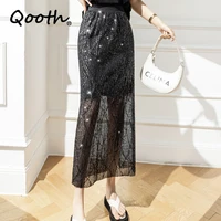 qooth women summer high waist mid length sequin hip skirt elegant gentle black white long skirt qt1838