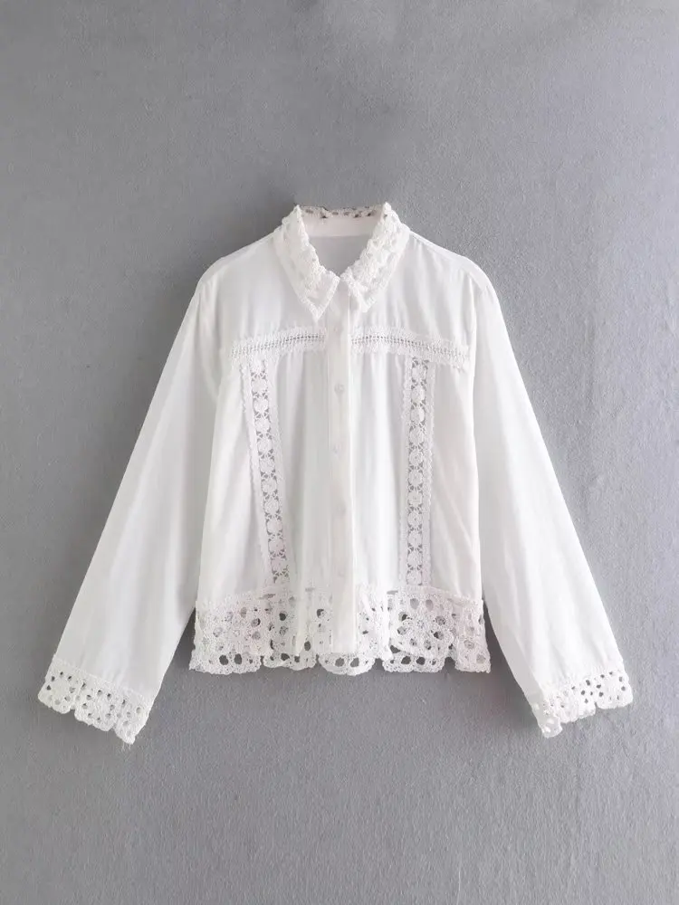 

MESTTRAF Women 2022 Sexy With Crochet Knitting Patchwork Blouses Vintage Long Sleeve Button-up Female Shirts Blusas Chic Tops