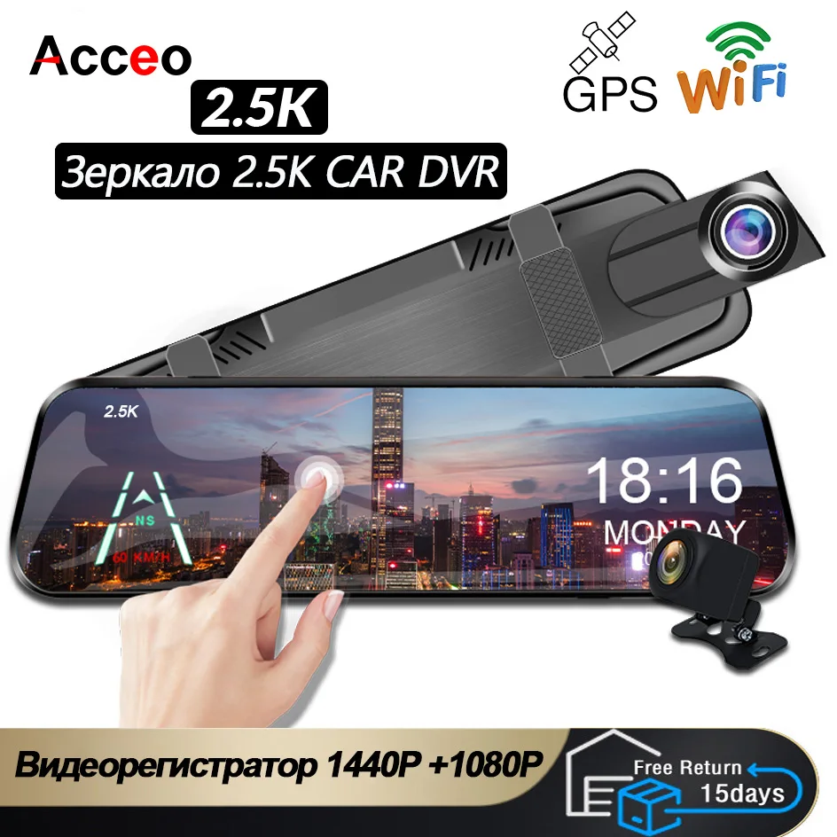 Acceo 1440P Car DVR Touch Screen Video Recorder Dual Lens Mirror Camera Dash Cam Car Black Box Support GPS Wifi 24H Parking View