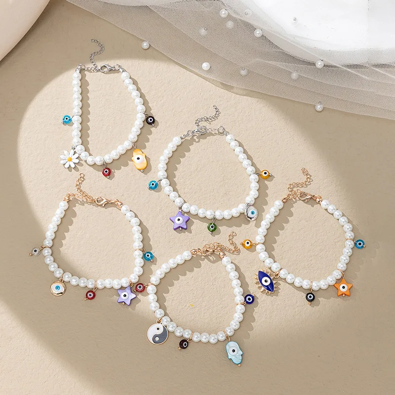

Cute Imitation Pearls Evil Eye Beads Bracelets for Women Girls Crystal Star Palm Charming Bracelets Fashion Jewelry