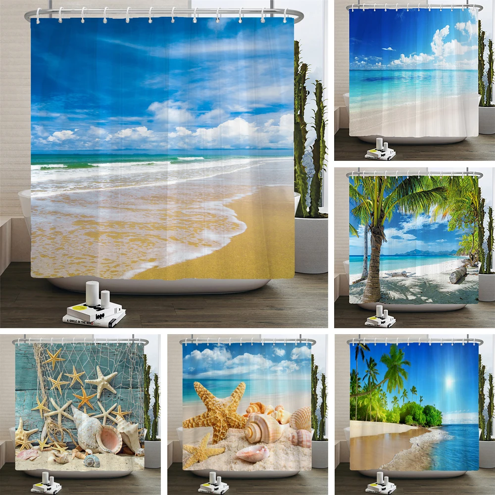 

3d Printed Beach Scenery Shower Curtain Sea Ocean Mediterranean Bathroom Curtains with Hooks Waterproof Decoration Bath Curtain
