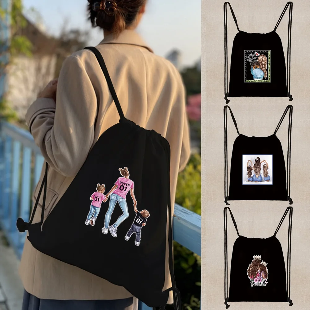 

Women Gym Bag Canvas Drawstring Backpack Printed Mom Leisure High Capacity Folding Eco Reusable Foldable Backpacks for Teenagers